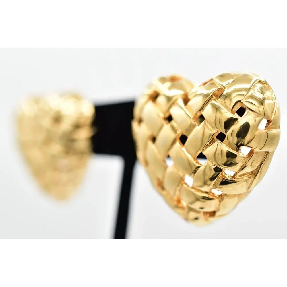 Vintage Big Weaved Heart Earrings Post Gold Tone Puffy Chunky Bold 1980s BinBK